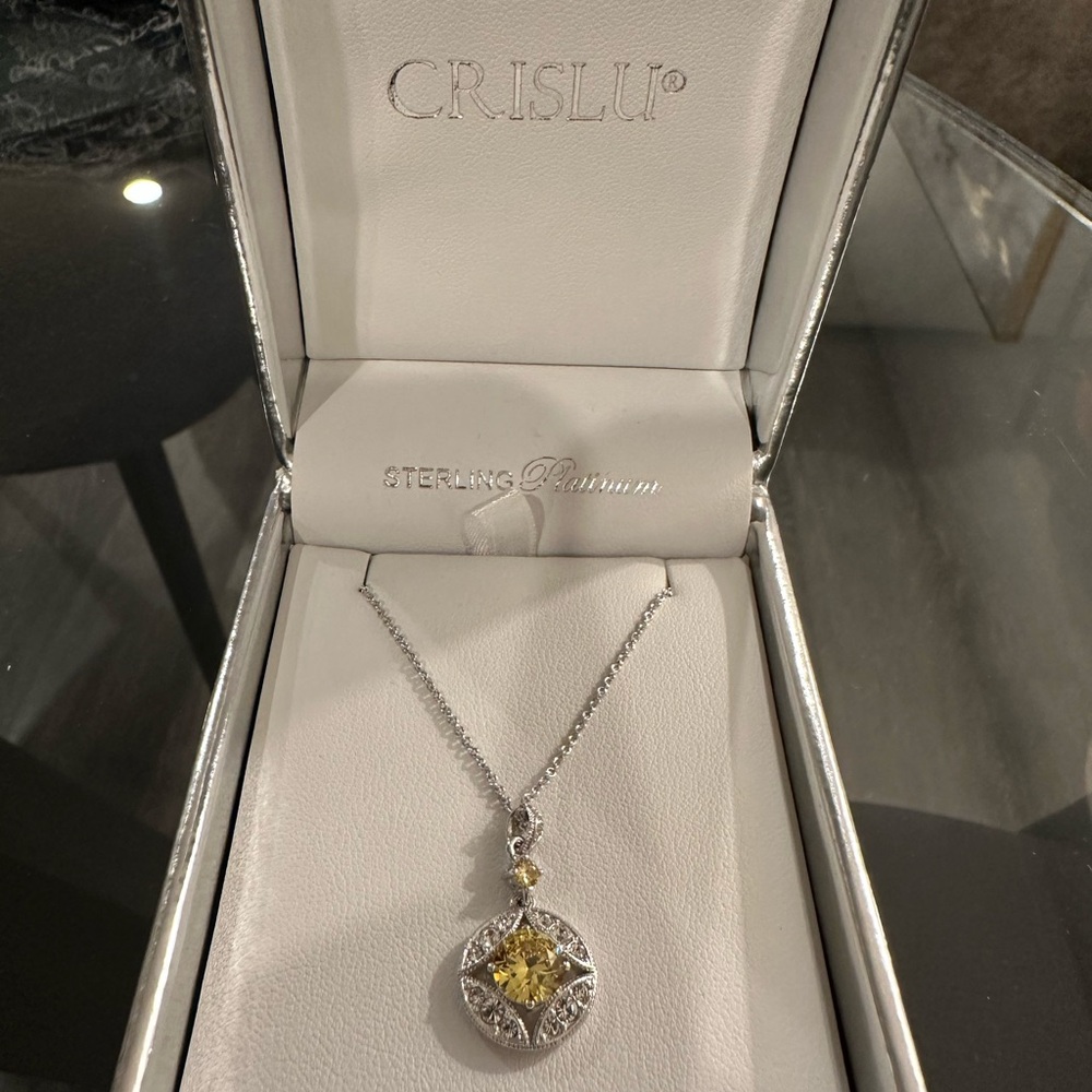 Crislu Sterling Platinum Necklace with Yellow Gemstone